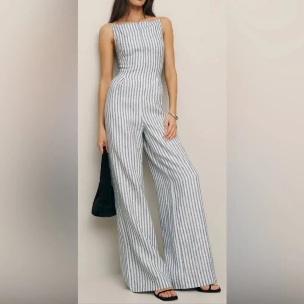Reformation Blue and White Striped Square-Neck Jumpsuit